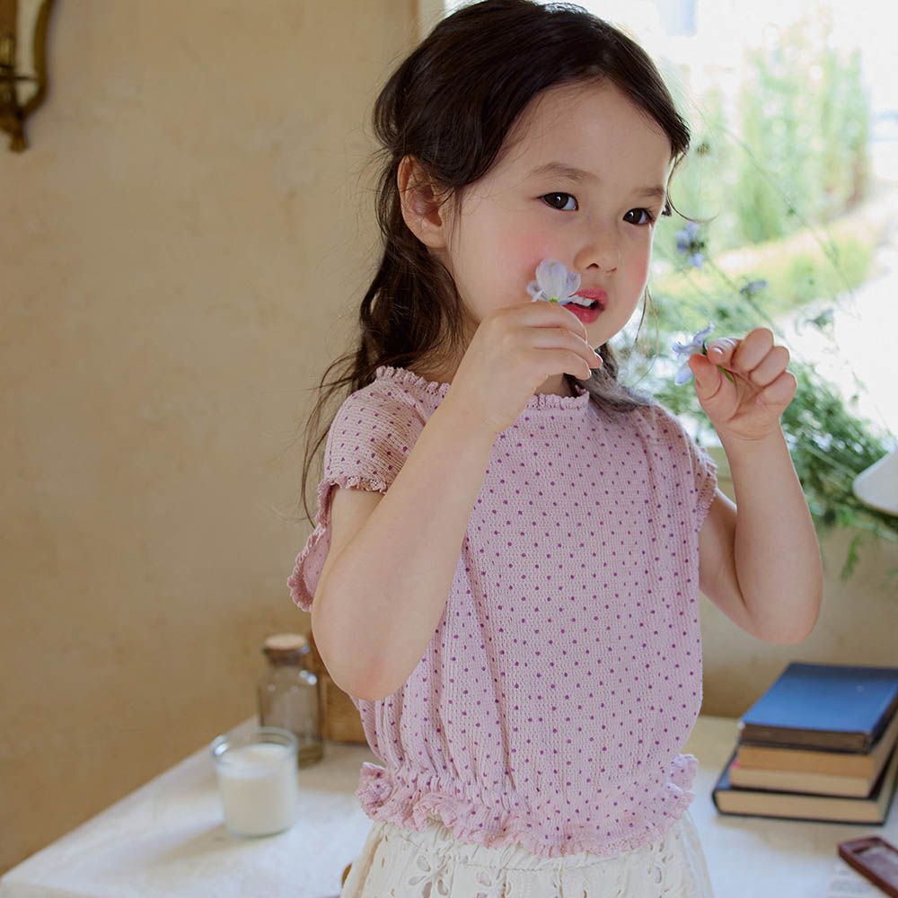 唯美點點編織鬆緊腰上衣-粉