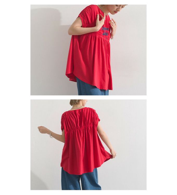 日本 le colis - 清爽天竺棉落肩皺摺短袖上衣-白