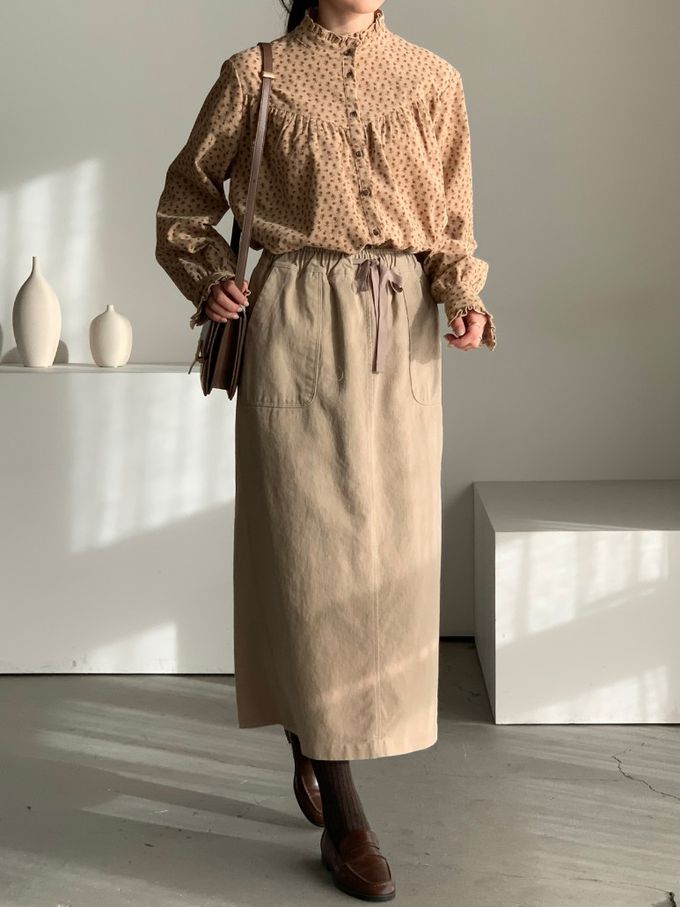 韓國女裝連線 - 滿版小花朵燈芯絨長袖襯衫-卡其 (FREE)