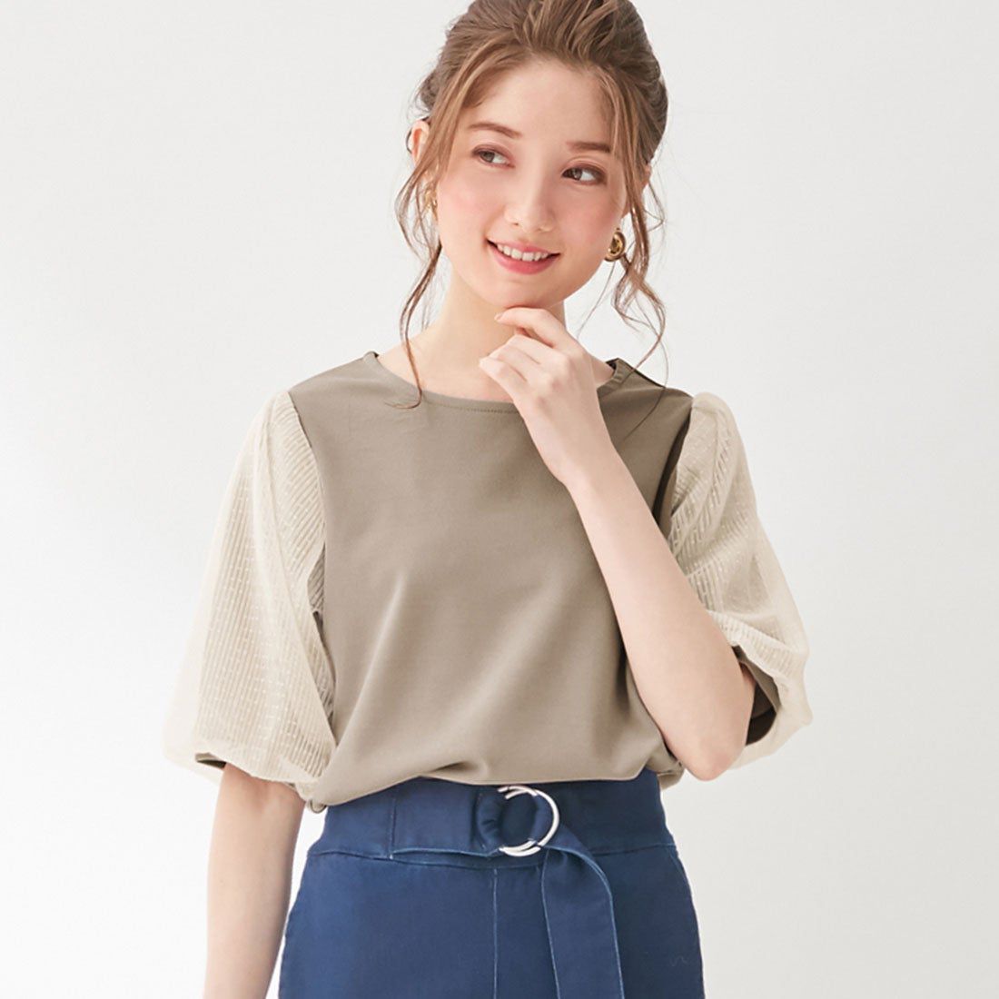 日本 BELLUNA - 抗UV 四機能薄紗泡泡五分袖上衣-薄荷