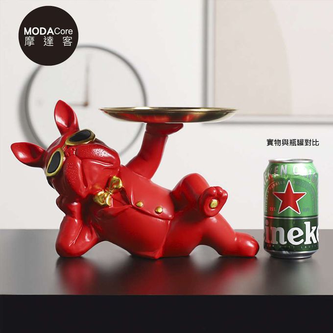 MODACore 摩達客 - 摩達客◉春節開運招財◉帥氣墨鏡狗鬥牛犬頂托盤擺飾-紅色款-聚寶盆糖果收納