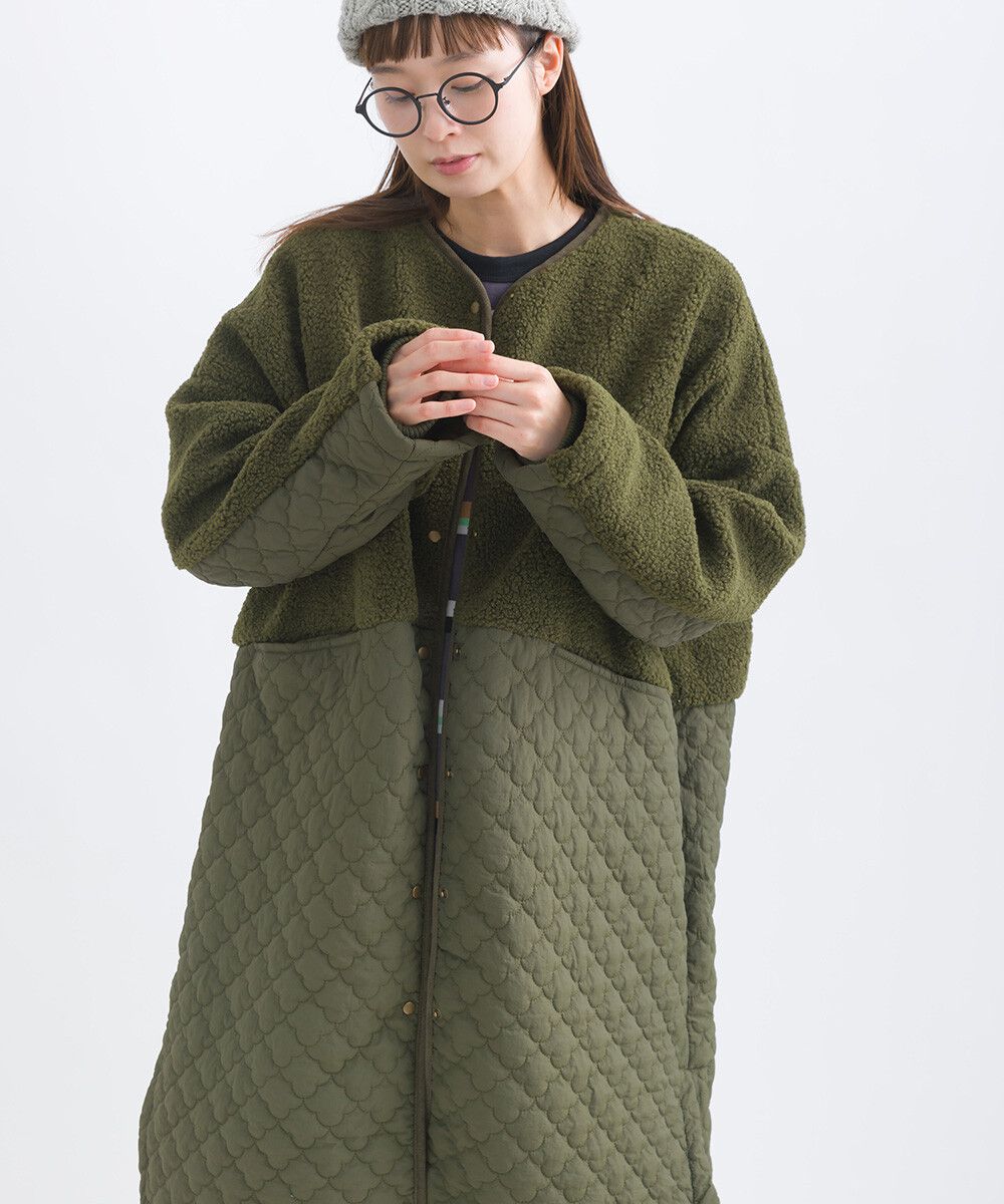 日本女裝代購 - 毛茸雲朵絎縫拼接長版鋪棉外套-軍綠