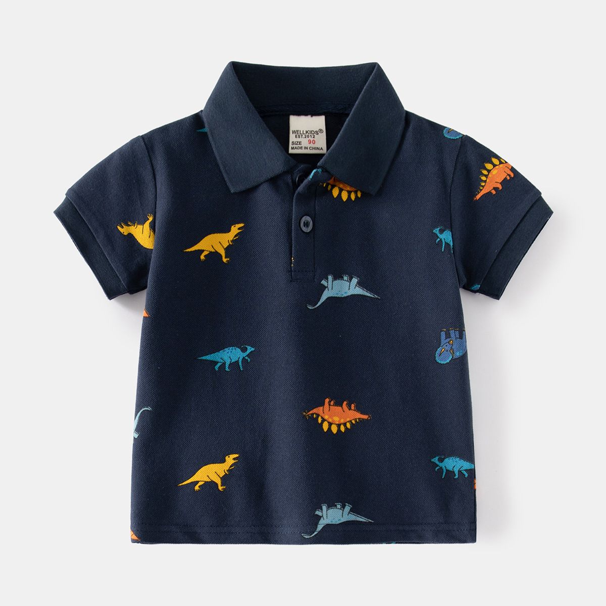 WELLKIDS - 純棉休閒翻領短袖襯衫-繽紛恐龍-白色