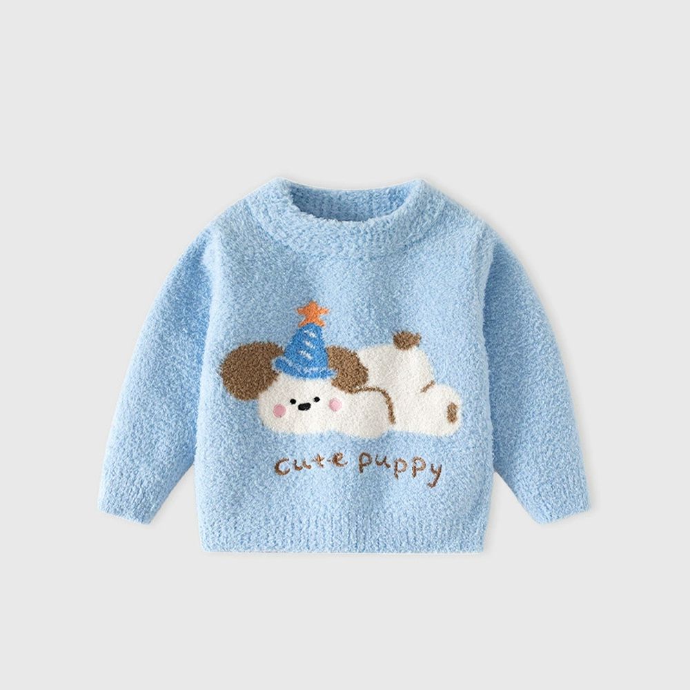 珊瑚絨針織長袖上衣-可愛小狗-藍色