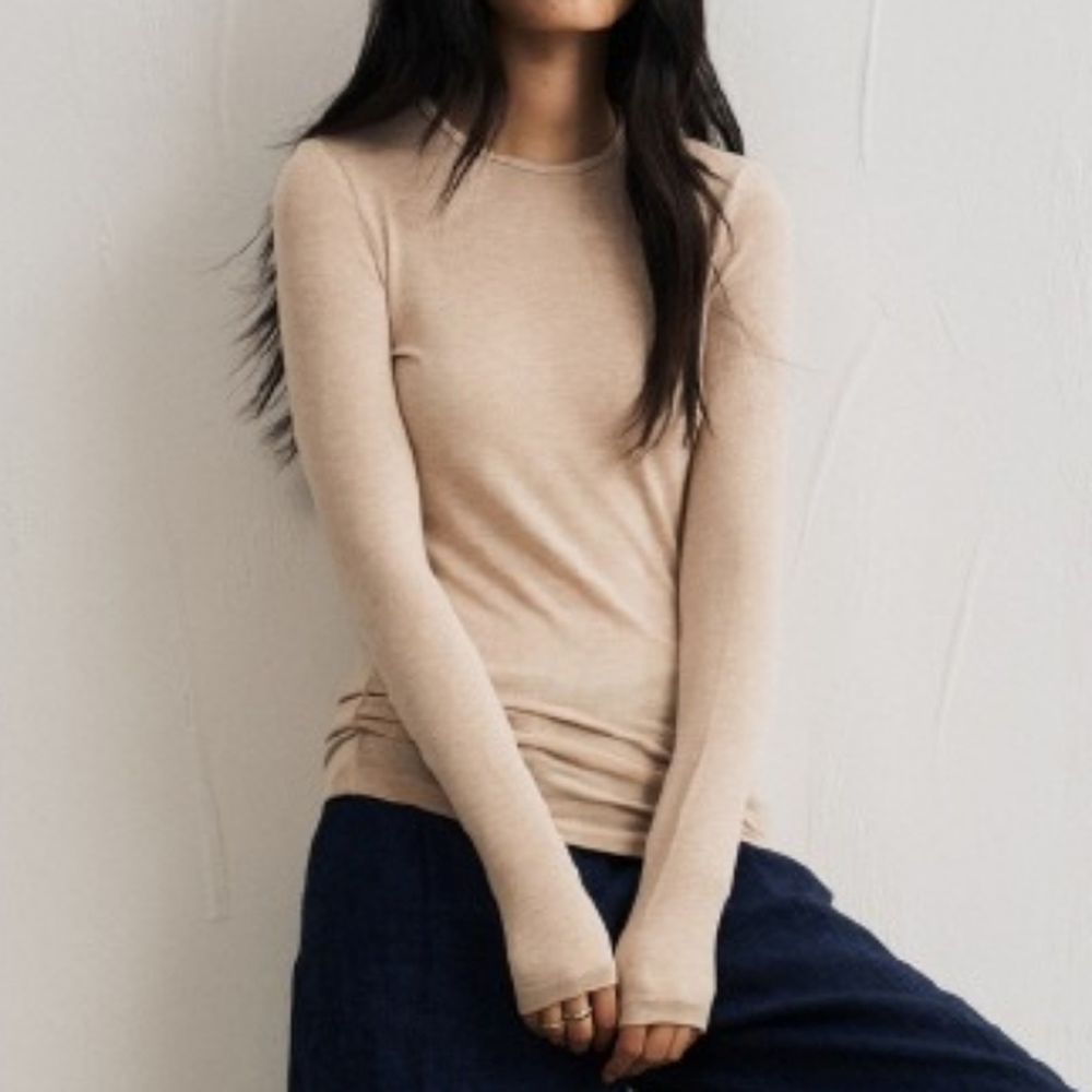 輕絨暖感3%羊毛天絲莫代爾修身長袖上衣-秋絨杏