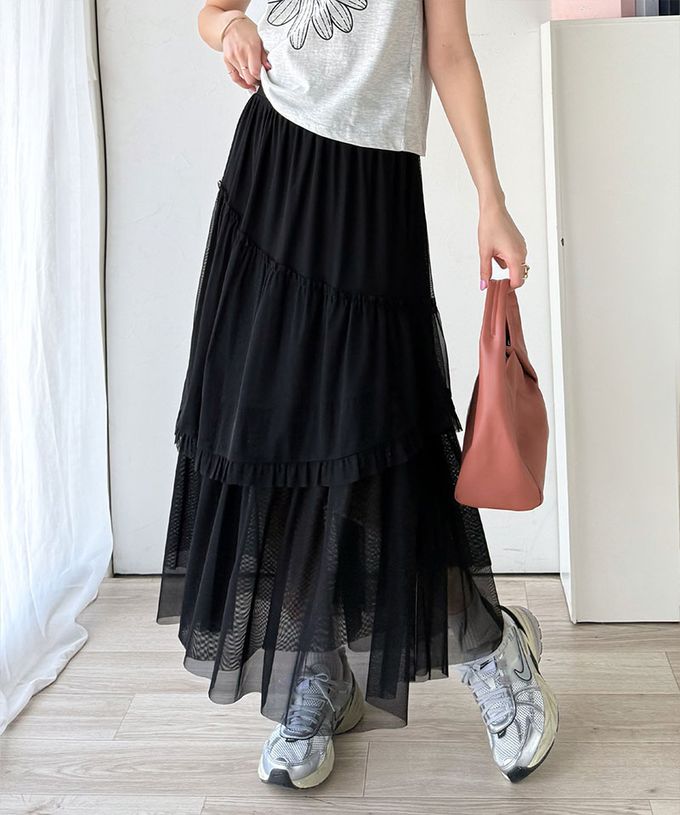 日本 Classical Elf - mily bilet 飄逸薄紗分層蛋糕長裙-灰格紋