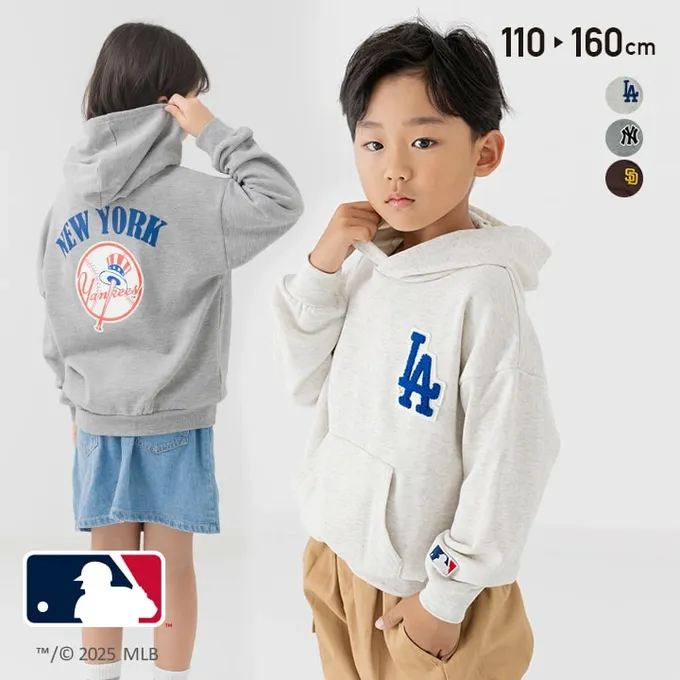 日本 Chil2 - MLB聯名 立體刺繡連帽長袖上衣-紐約洋基-灰