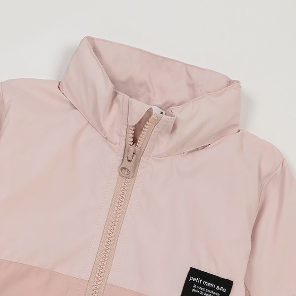 日本 petit main - 拼接雙色連帽輕量防風外套-淺黃x薄荷