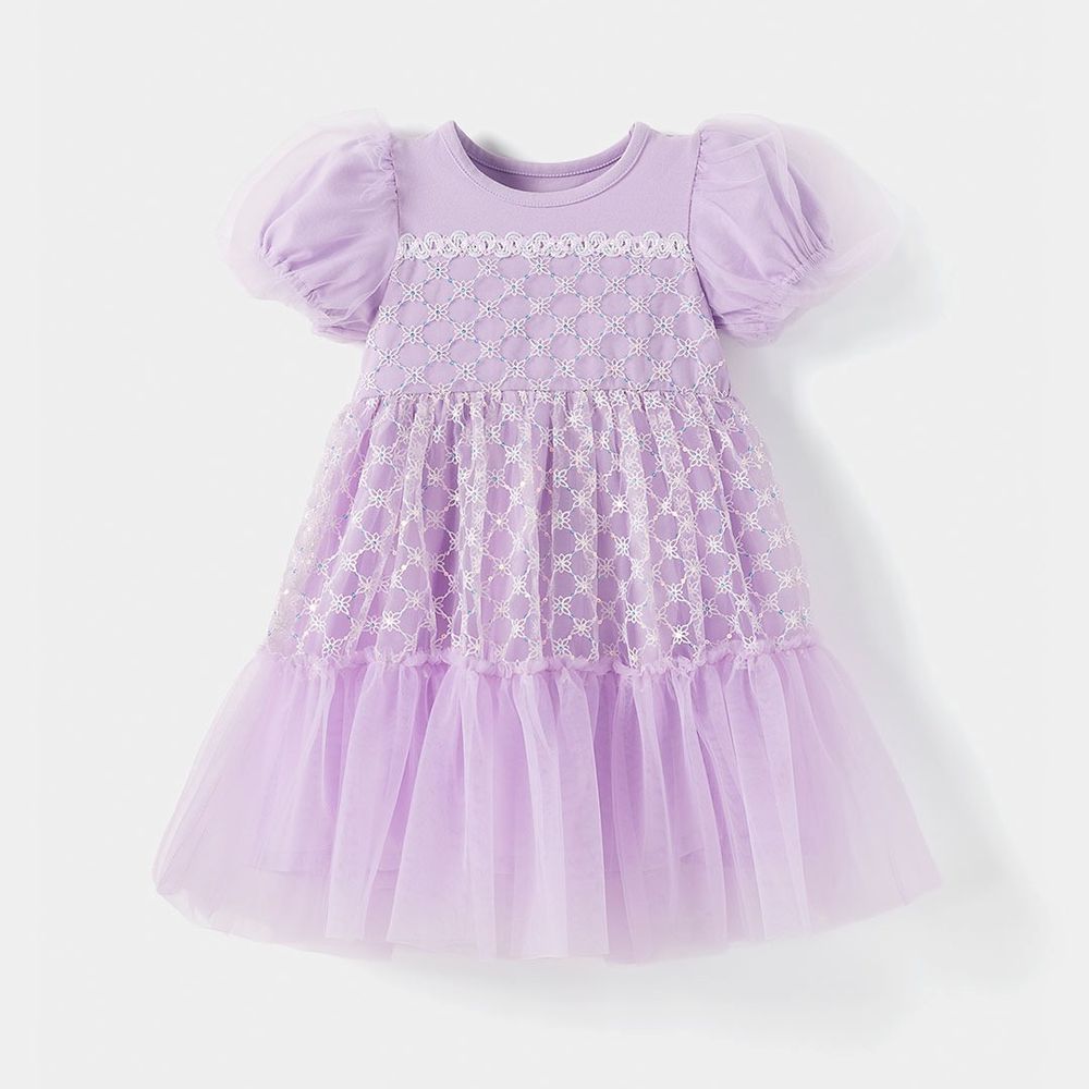 花紋亮片繡網紗泡泡袖公主洋裝-紫