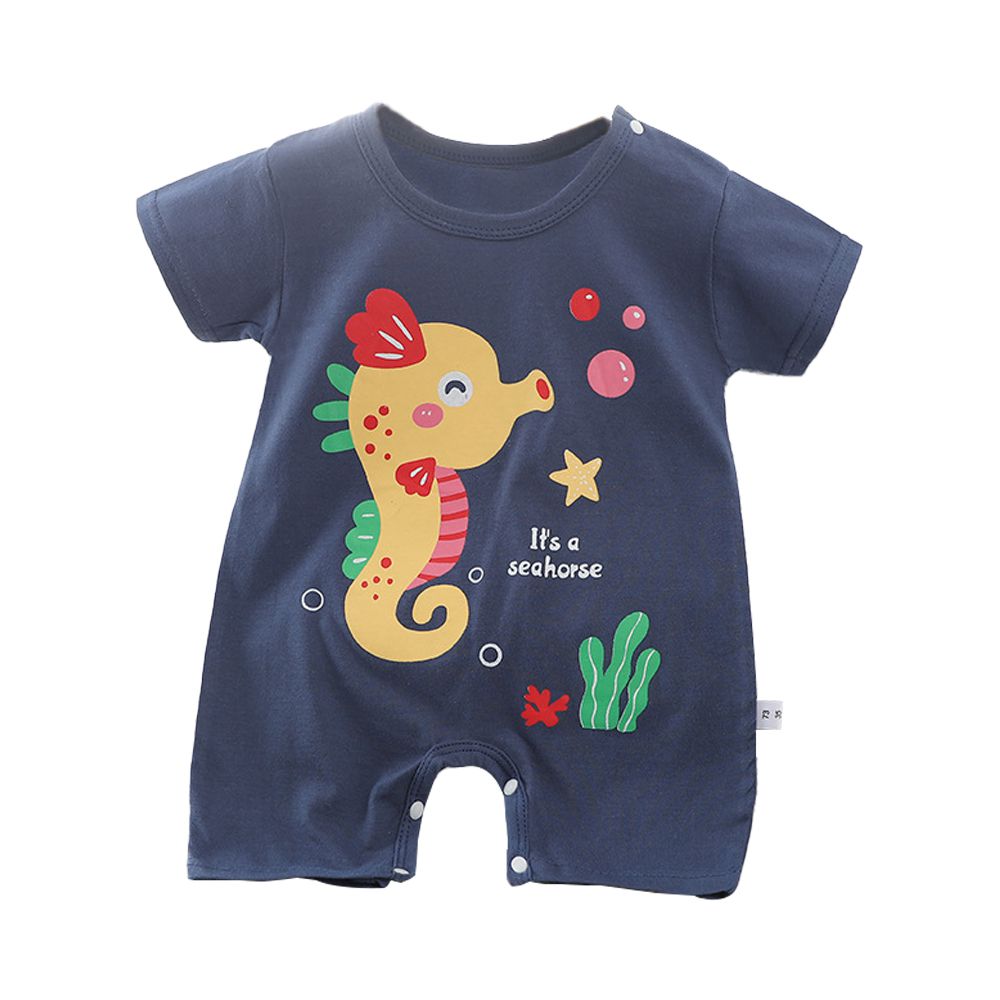 短袖包屁衣 薄款夏季連身衣 嬰兒服 短袖童裝 外出包屁衣-深藍海馬
