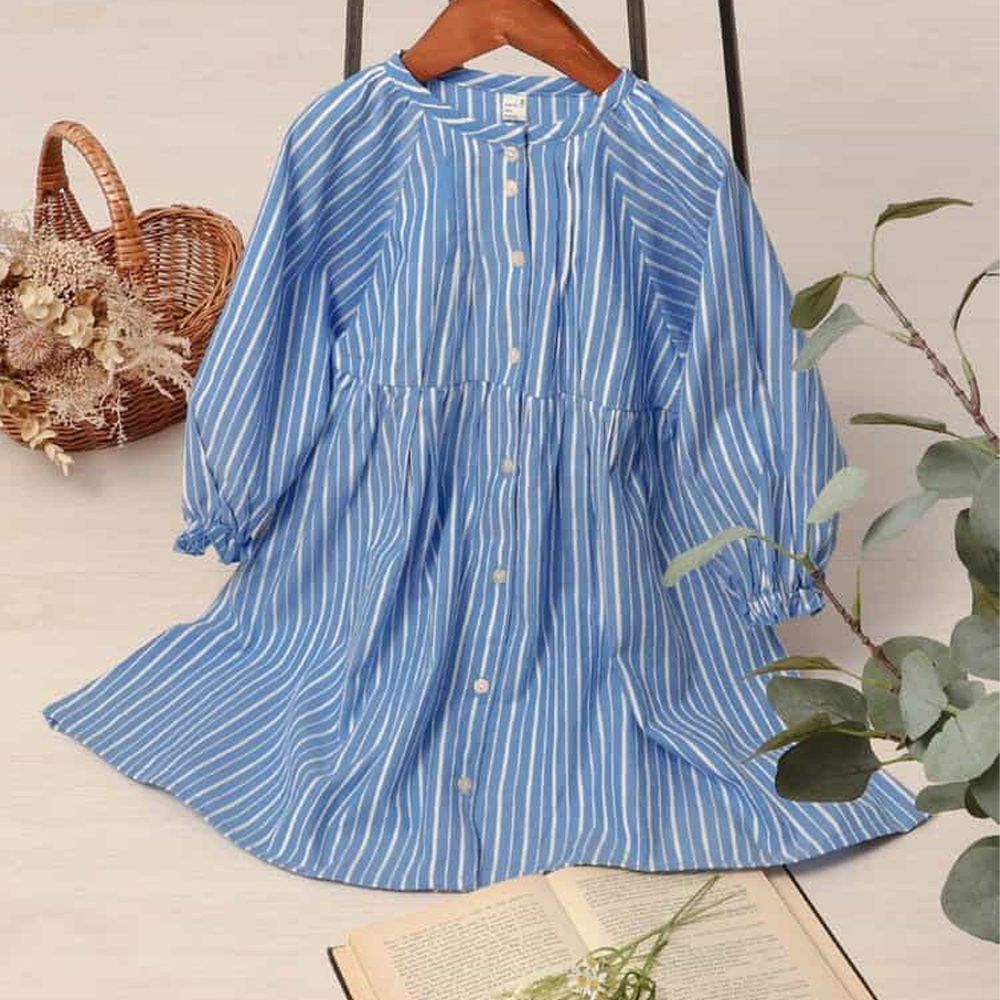 氣質注目款開襟圓領長袖洋裝-水藍條紋