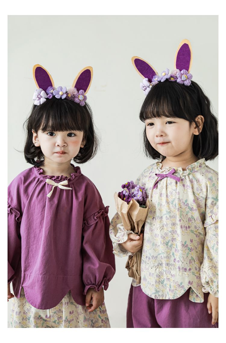 腰鬆緊束口花苞長褲-兔子與花-杏色