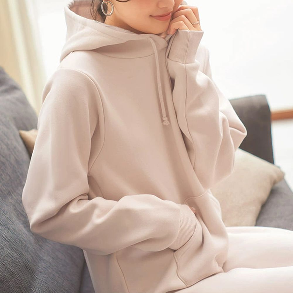 極上溫暖 裏起毛修身帽T長袖洋裝-粉杏