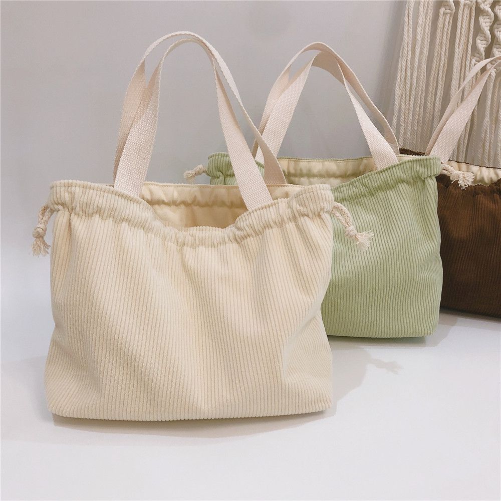 燈芯絨手提束口小布包-灰色 (31x19x10cm)