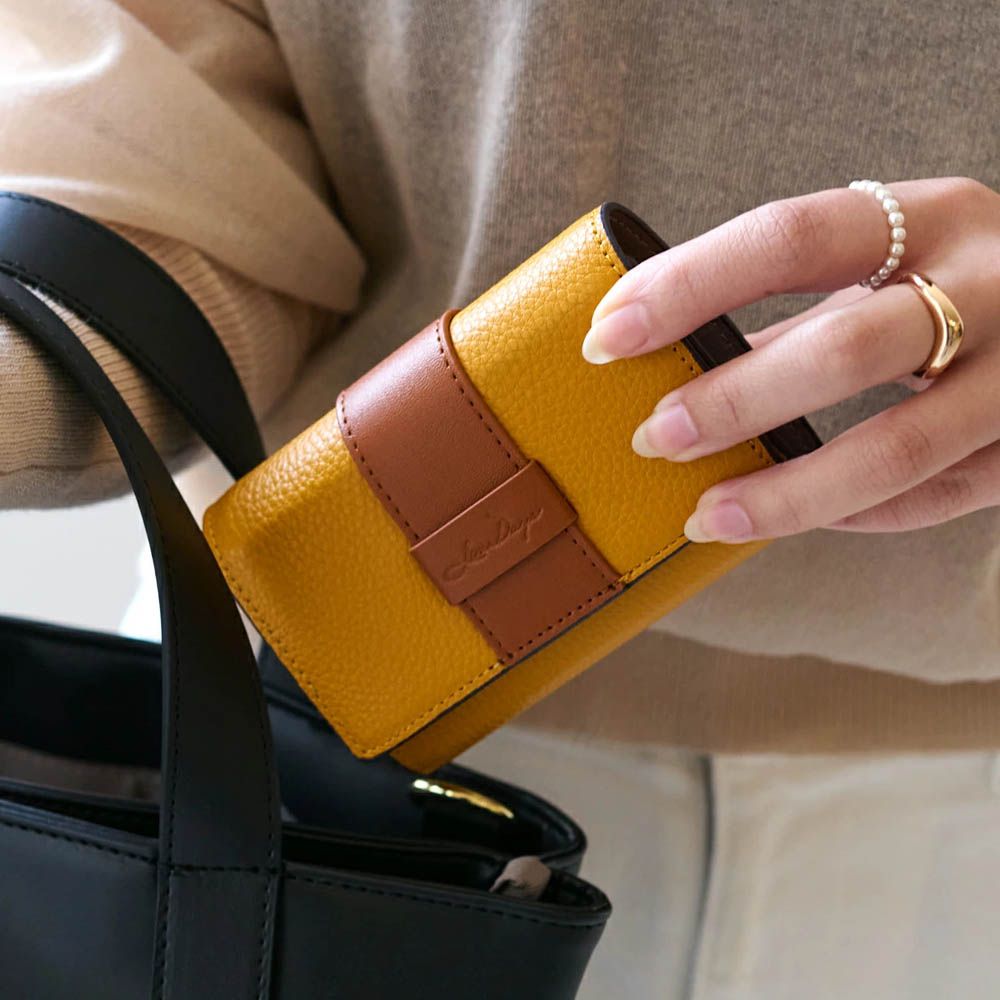 真皮迷你三折配色風琴短夾-芥末黃x橘棕