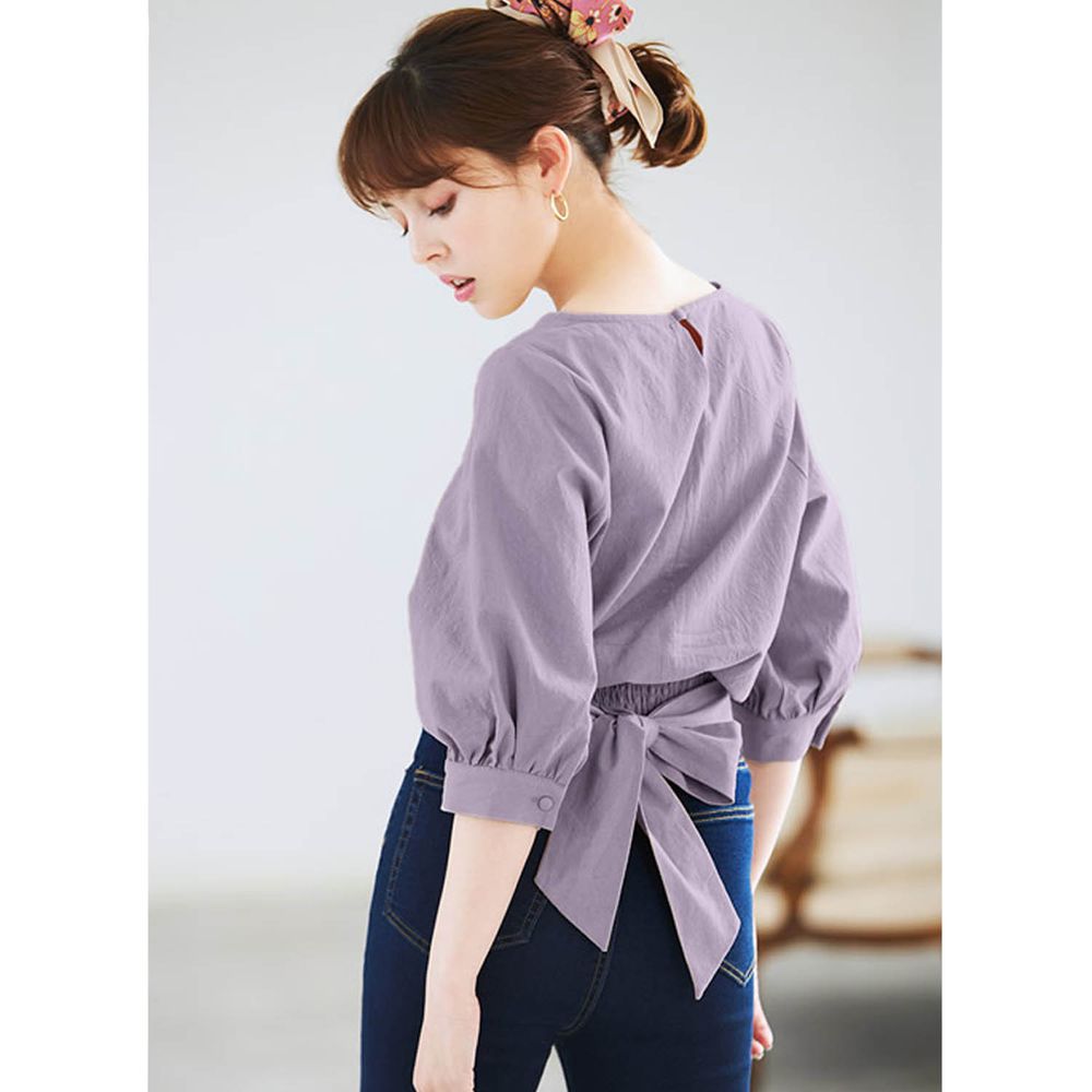 日本 GRL - 後腰大蝴蝶結綁帶五分袖上衣-紫羅蘭