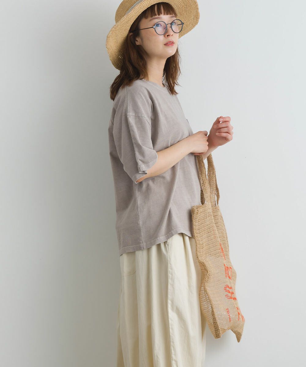 日本女裝代購 - 舒適落肩小口袋五分袖上衣-奶茶棕