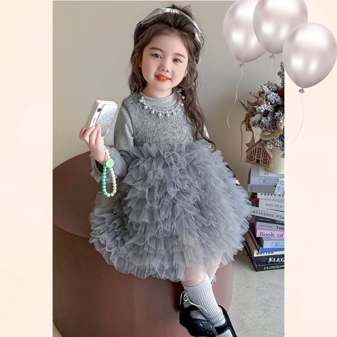 法式甜美珍珠鑽飾領口網紗蛋糕裙長袖洋裝