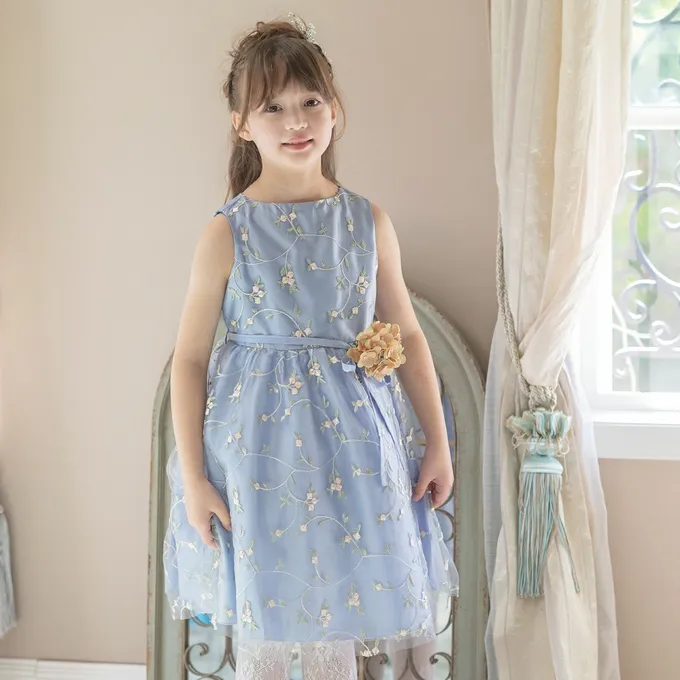 日本 Catherine Cottage - 精緻花朵刺繡薄紗洋裝/小禮服-附繡球花別針-海軍藍