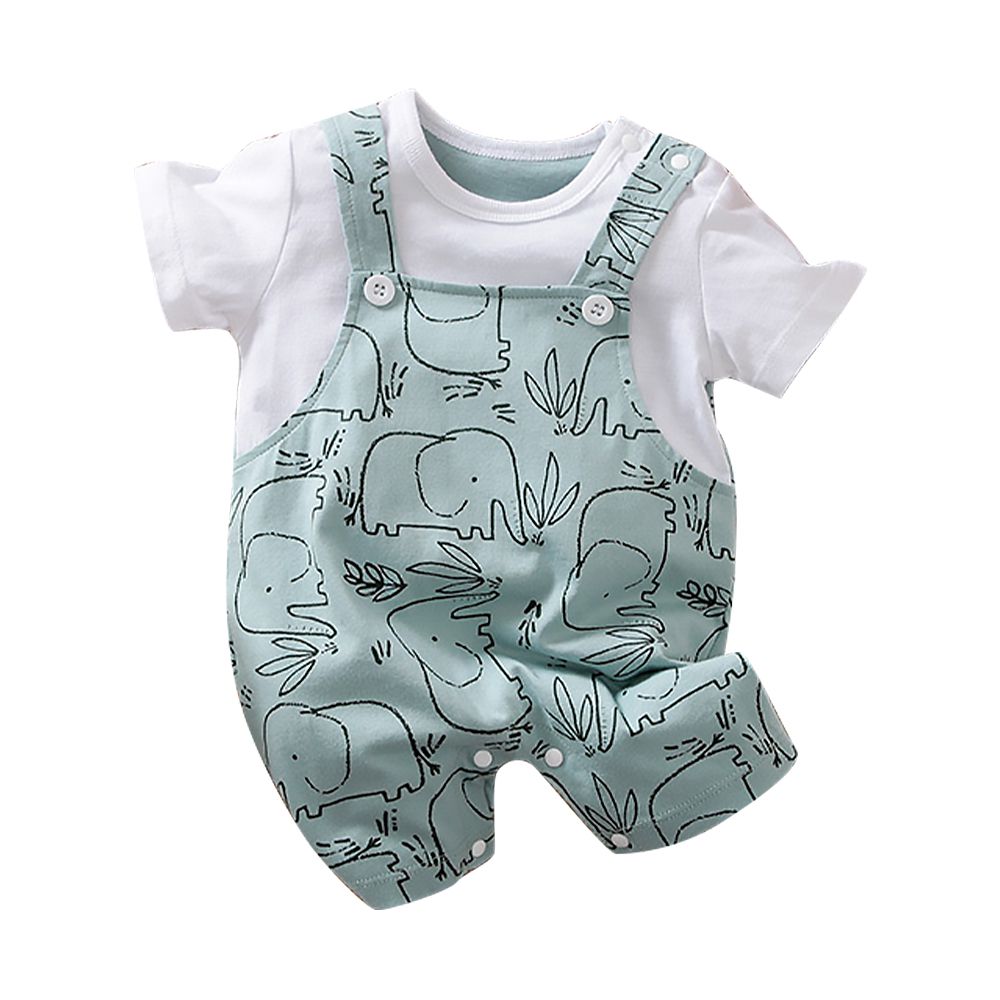 JoyNa - 棉質短袖包屁衣 短袖嬰兒服-綠色大象