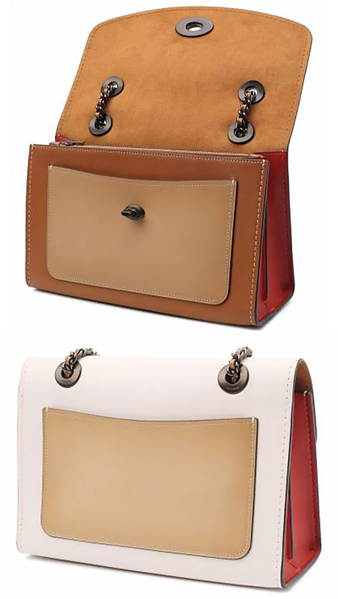 COACH - 拼接皮革翻蓋旋釦斜背包 (白駝)