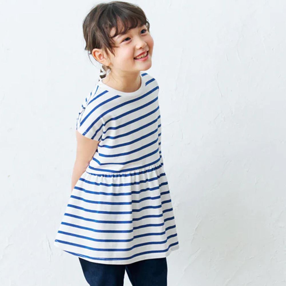 日本 COCA - 橫條紋簡約休閒短袖上衣-孩子-藍