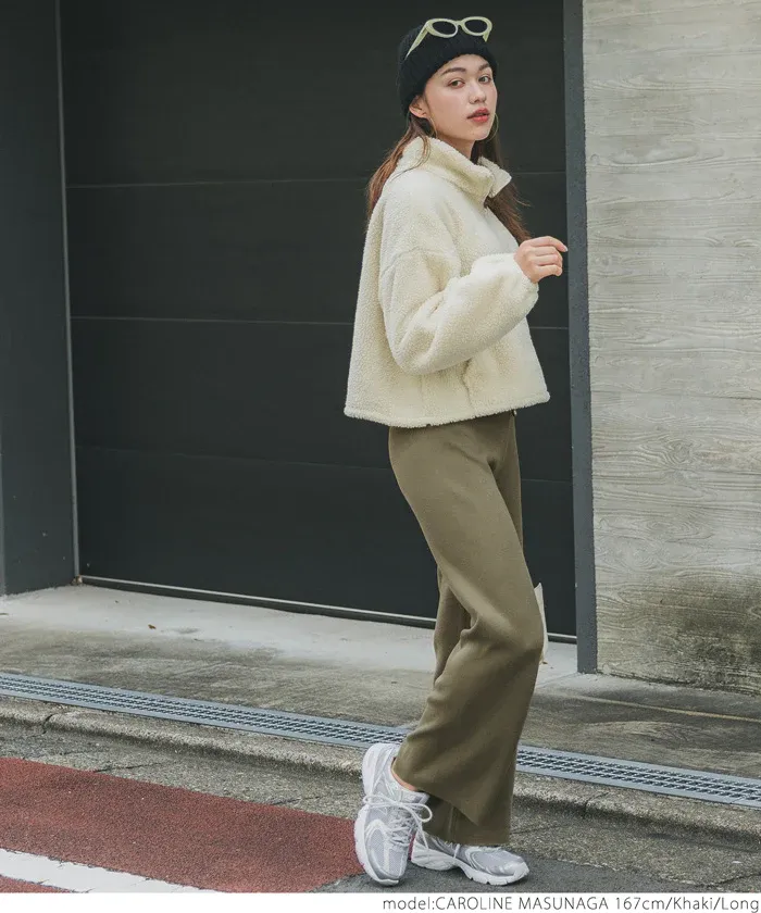 日本 COCA - 百搭美腿針織彈性垂墜寬褲-軍綠