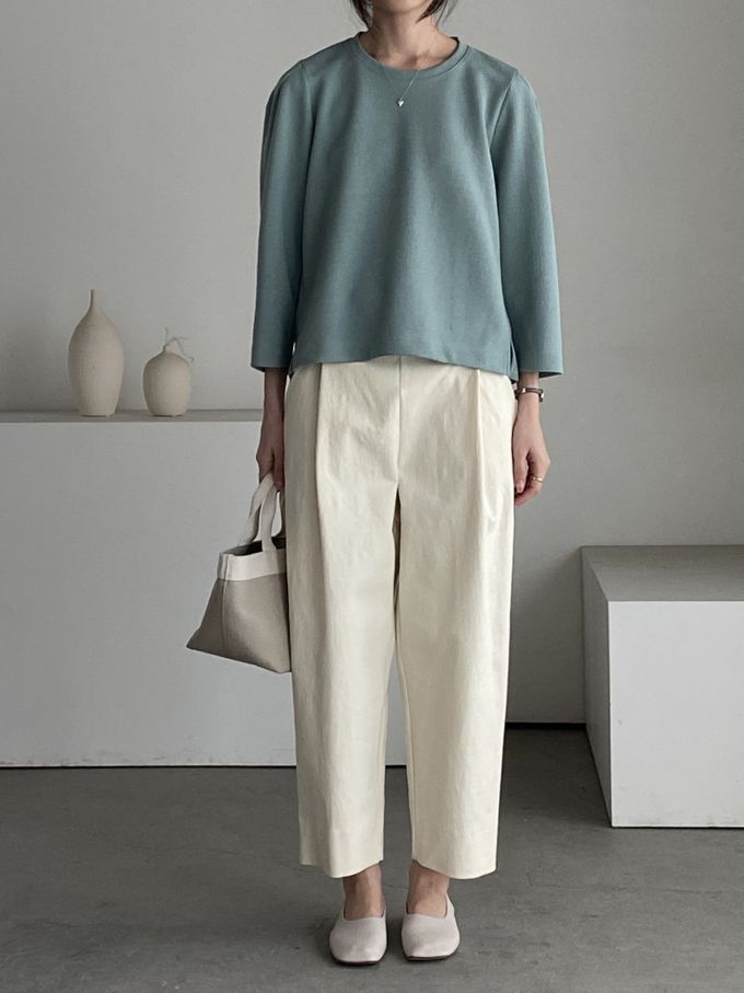 韓國女裝連線 - 設計感抓褶拼接八分袖上衣-藍綠 (FREE)