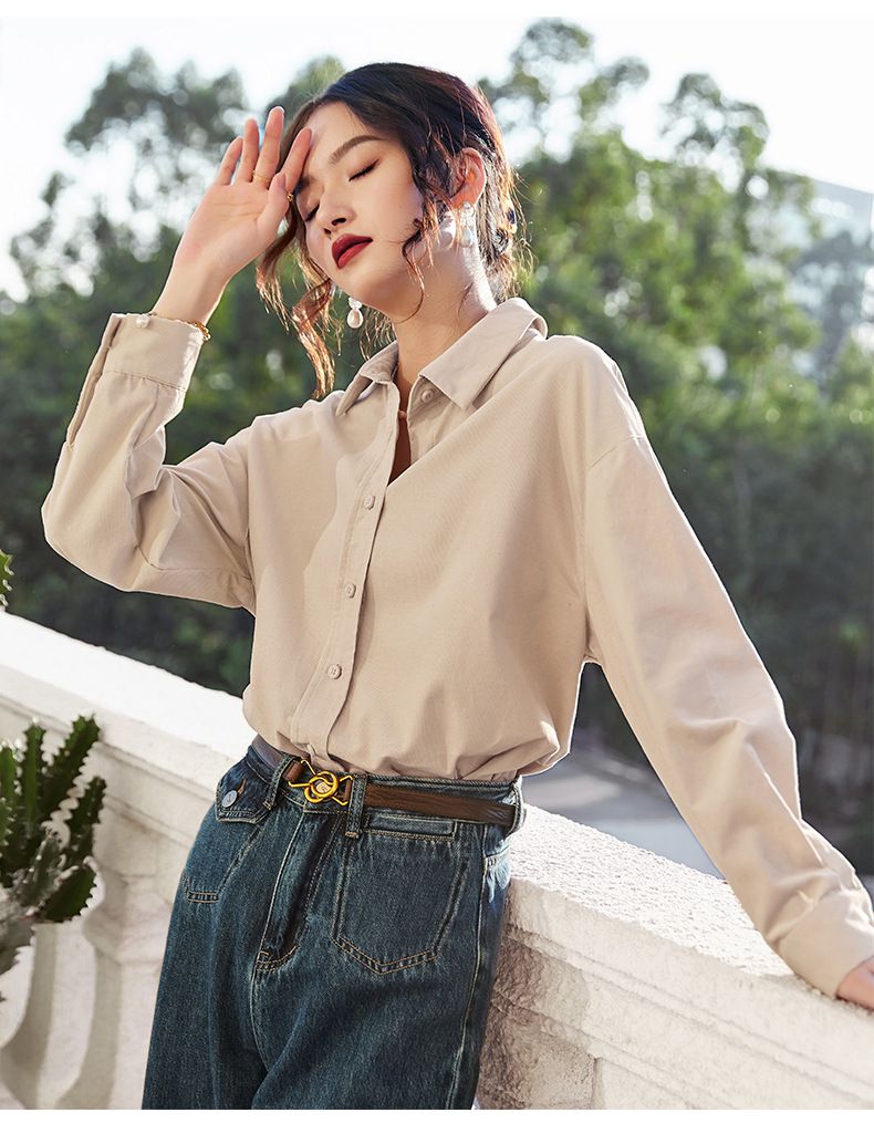 法式溫柔純色基礎長袖襯衫-咖啡色