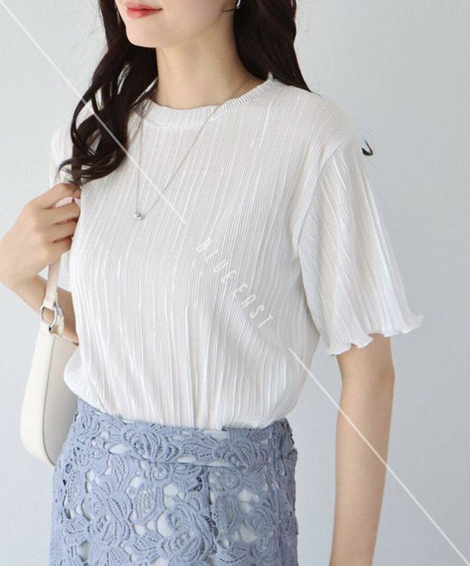 日本 BLUE EAST - 韓國製 圓領貝殼紋光澤短袖上衣-粉紅