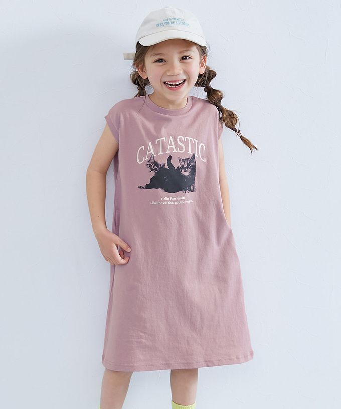 日本 devirock - 100%棉 俏麗印花無袖洋裝-愛心英文-粉紫