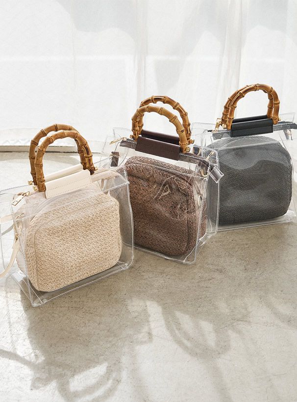 日本 GRL - 仿竹把手透明子母手提包/側背包-編織紋-米 (F)