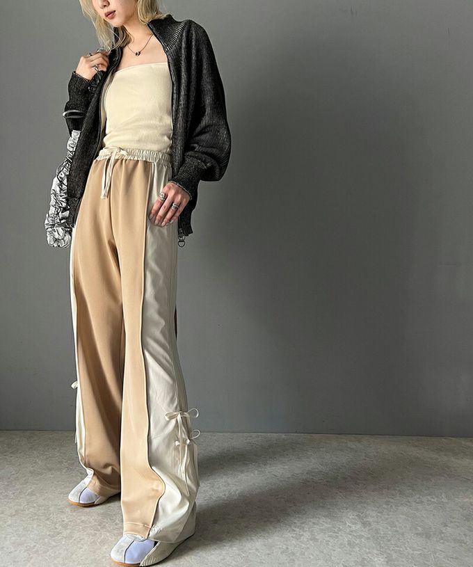 日本 Classical Elf - mily bilet 撞色拼接側綁帶寬褲-米杏