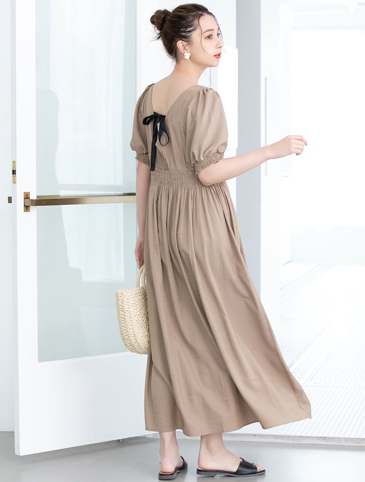 日本 fifth - 美背綁帶方領五分袖縮腰長洋裝-摩卡
