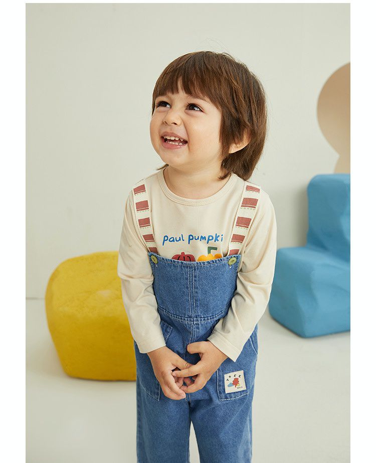 休閒條紋吊帶牛仔長褲-藍色