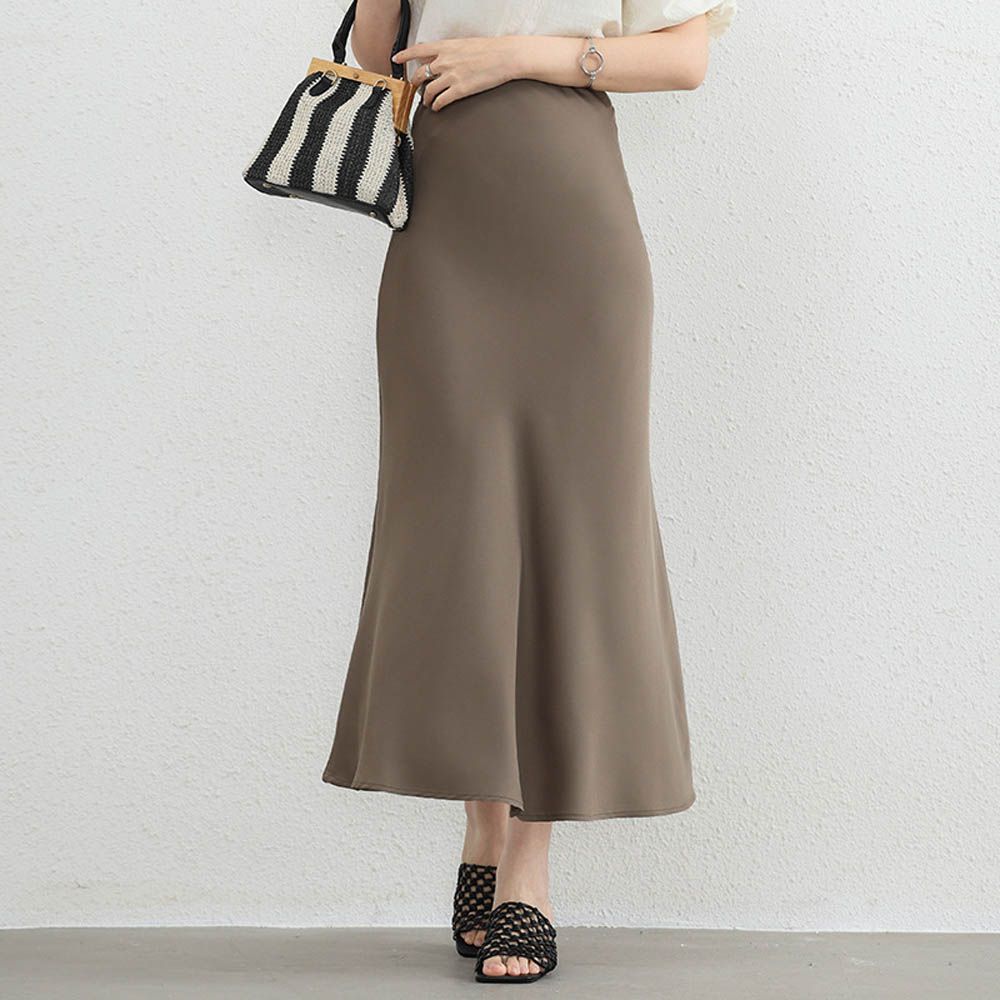 優雅緞面高腰魚尾裙-咖色