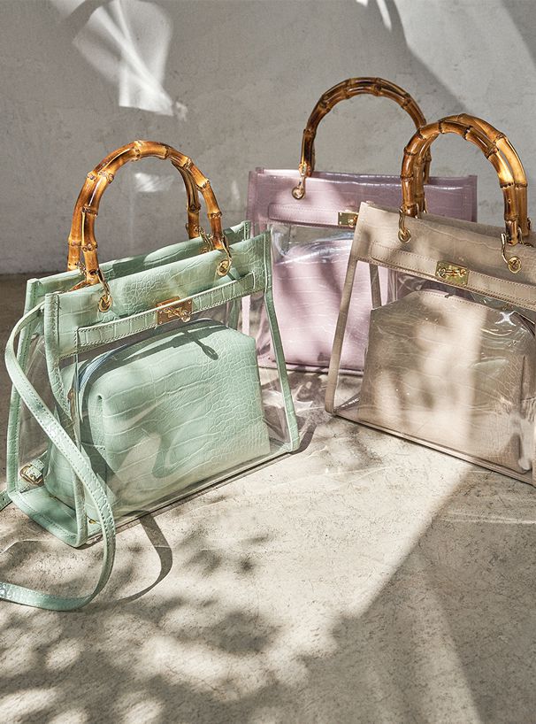 日本 GRL - 仿竹把手透明子母梯形手提包/側背包-仿皮-灰杏 (F)