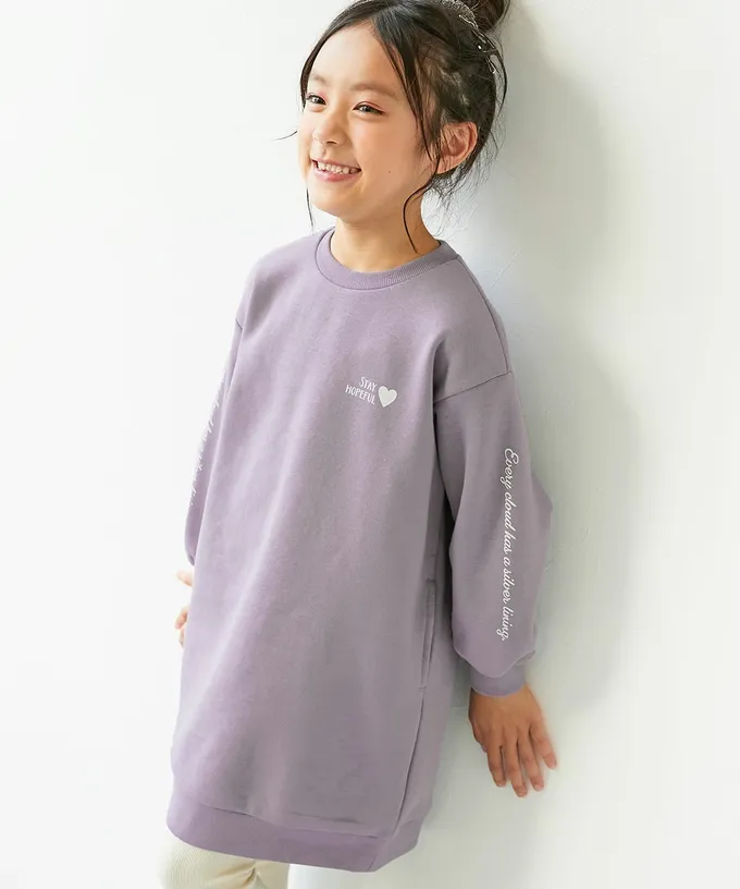 日本 devirock - 裏起毛落肩印花長袖洋裝-愛心-紫