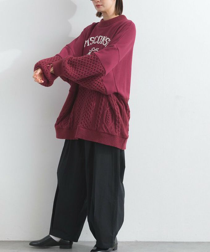 日本 Lupilien - 鬥牛犬印花粗針織拼接裏毛長袖上衣-淺灰