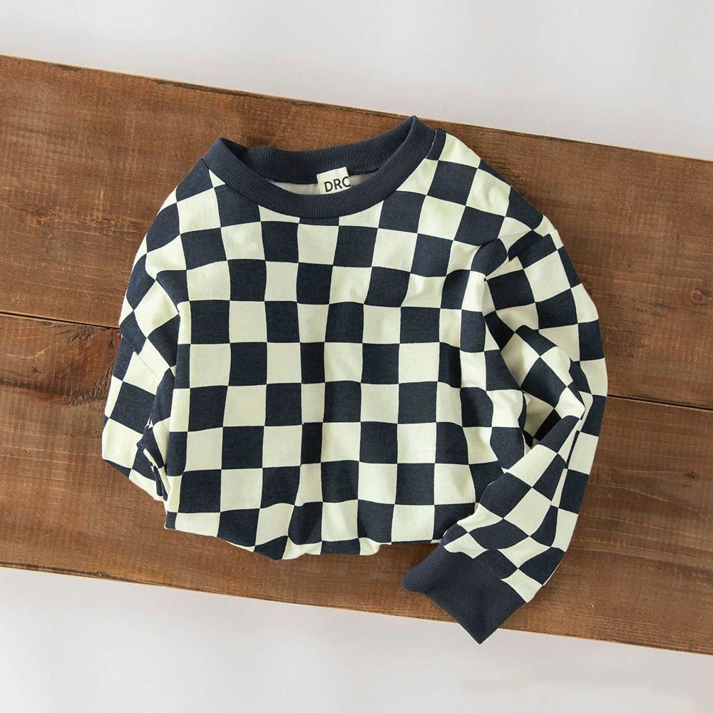 100%棉 百搭印花縮口長袖上衣-格子-黑X白