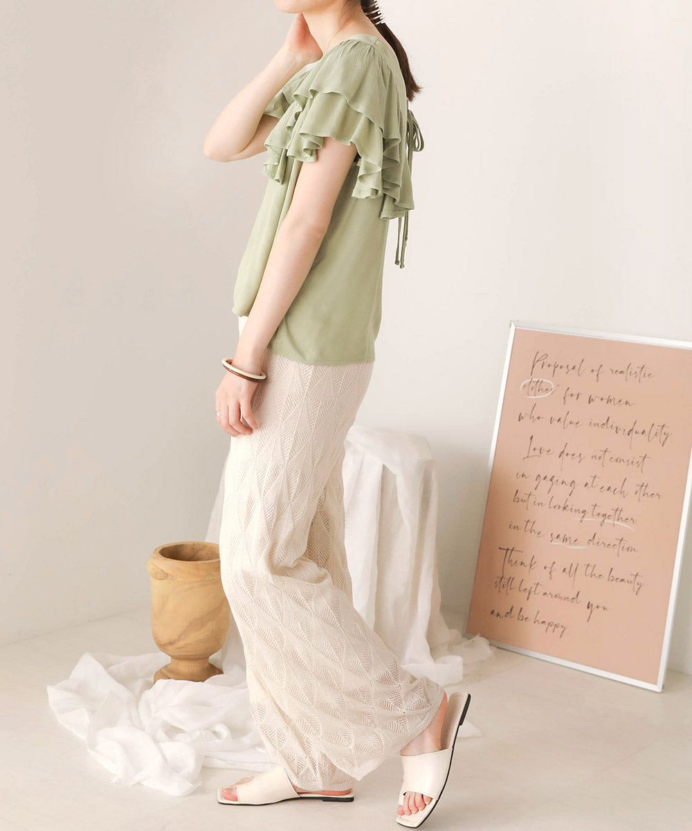 日本 Bab - 後綁帶浪漫荷葉袖上衣-淺綠
