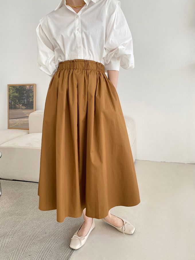 韓國女裝連線 - 寬鬆緊帶顯瘦修臀打褶圓裙-橘咖啡 (FREE)