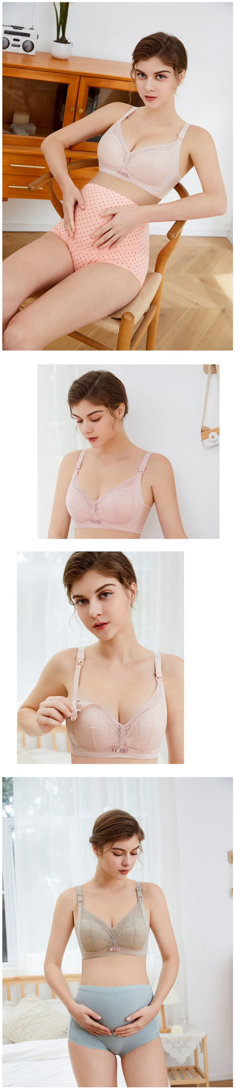 JoyNa - 深V蕾絲哺乳內衣 寬邊集中無鋼圈 上開扣-膚色