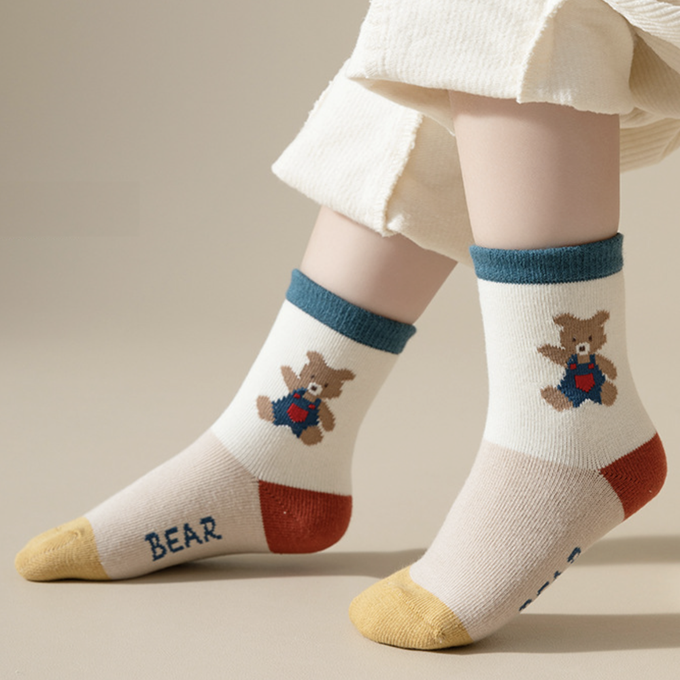 love, charlotte - 秋冬季吊帶褲小熊中筒棉襪-5 雙一組