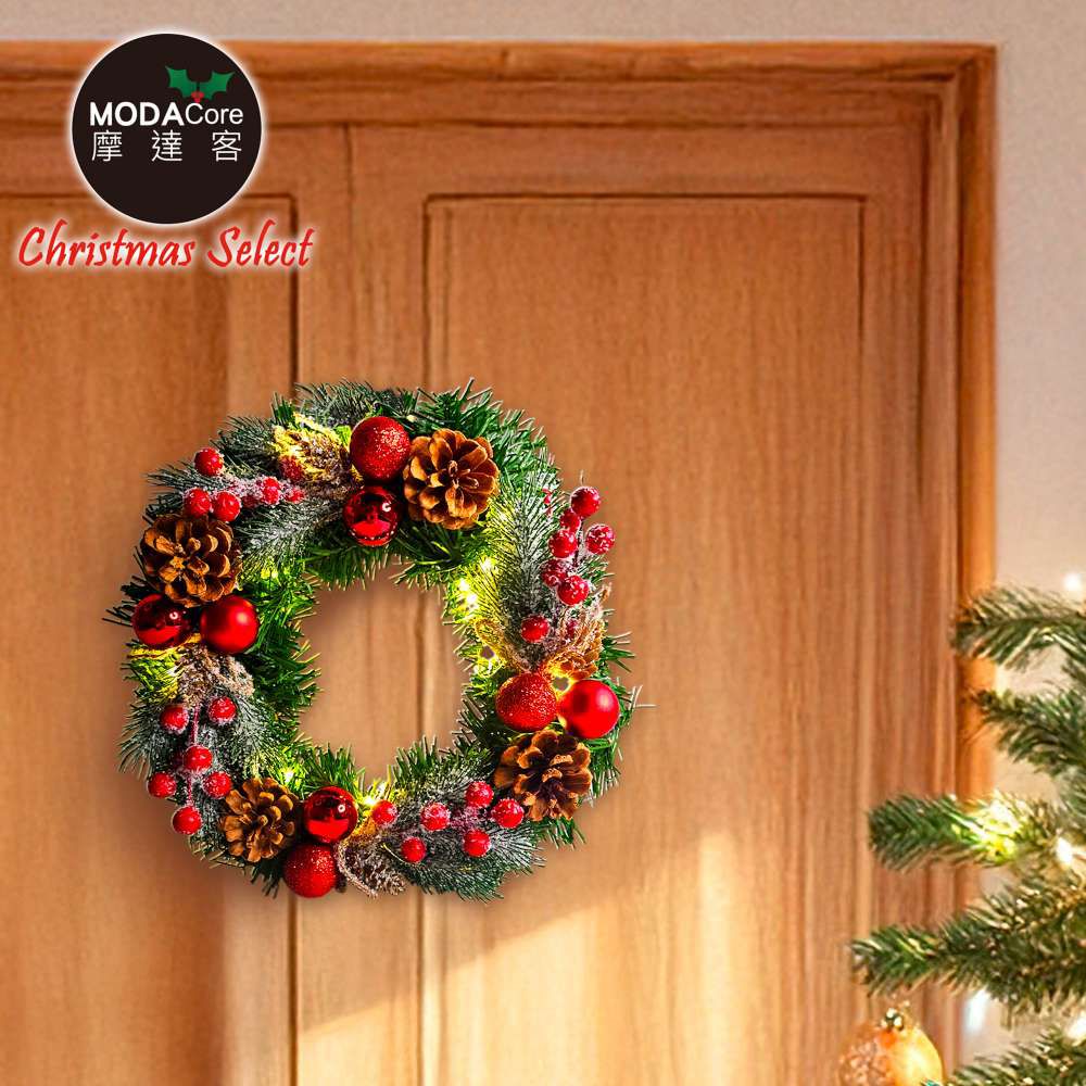 10吋冬雪系小紅莓刷白松果質感聖誕花圈福臨圈+20燈LED暖白光燈串_本島免運費