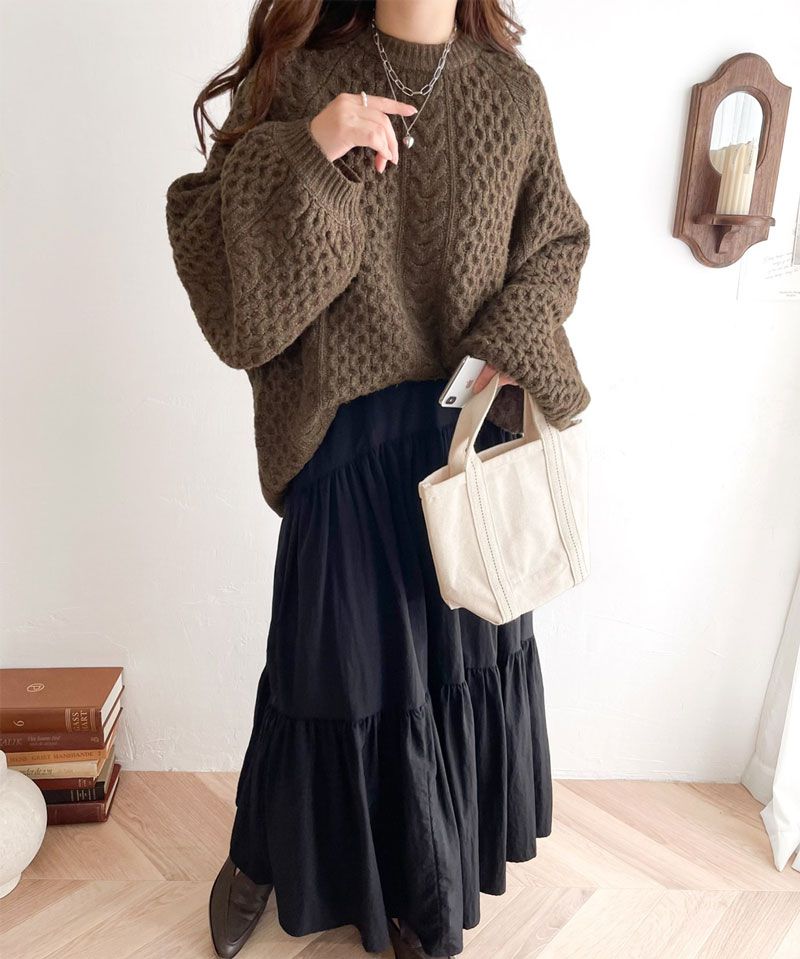 日本 Classical Elf - 百搭粗麻花編織落肩毛衣-草綠