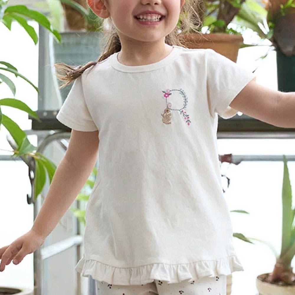 荷葉邊英文刺繡短袖上衣-R-白