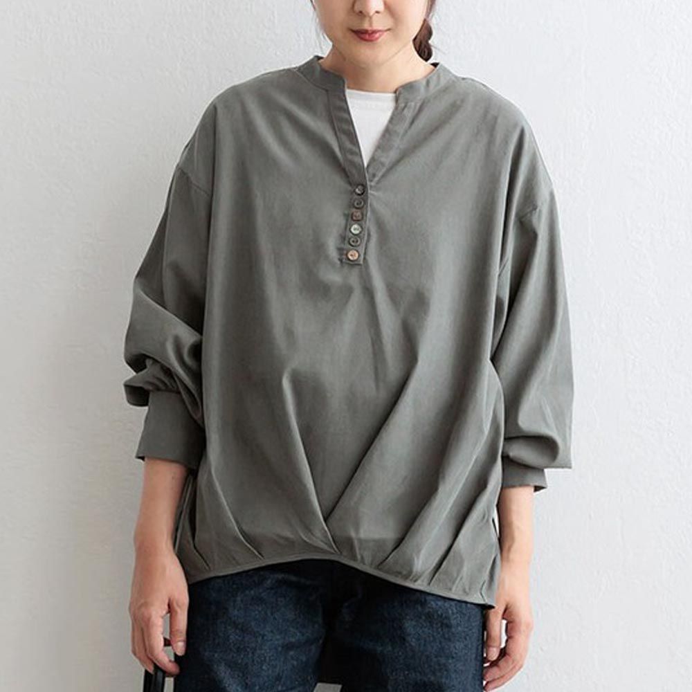 日本 ihuu - 彩色扣前短後長修身皺摺上衣-灰綠