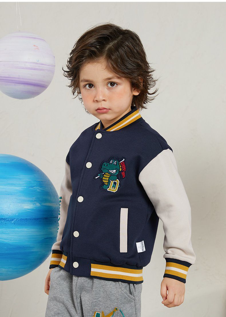 童趣拼色棒球外套-驕傲壞壞恐龍-深藍+杏