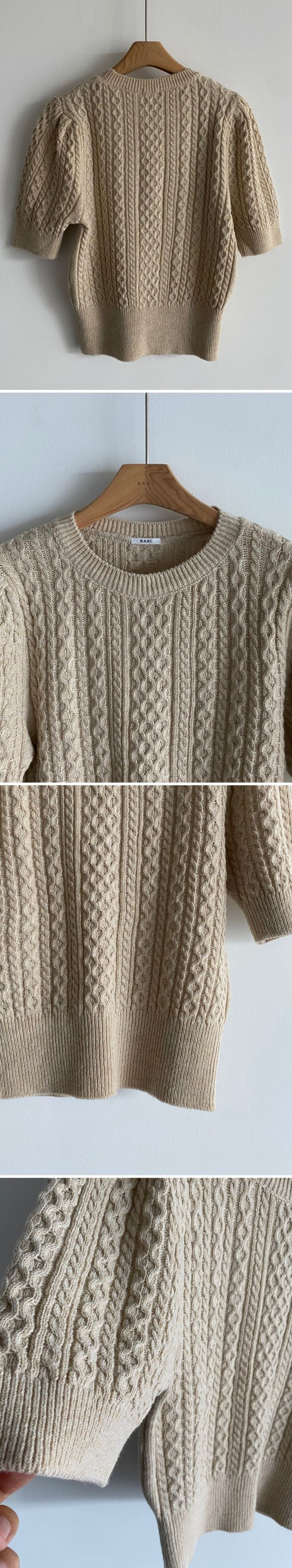 韓國女裝連線 - 麻花辮編織五分袖針織上衣-淺灰 (FREE)